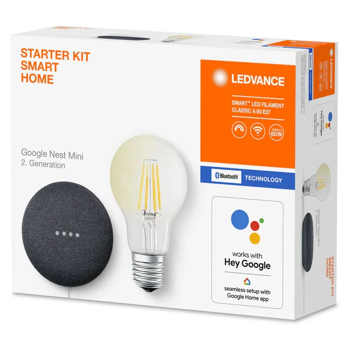 Komplektas- išmanusis garsiakalbis GOOGLE NEST + 6W SMART LED lemputė, E27