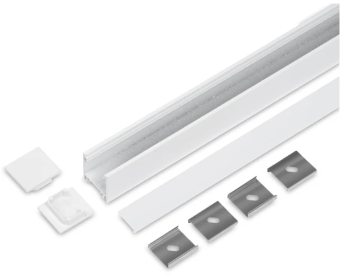 Komplektas - LED profilis LINEA20, baltas, 2m, su dangteliu F CLICK, užbaigimais ir montavimo elementais
