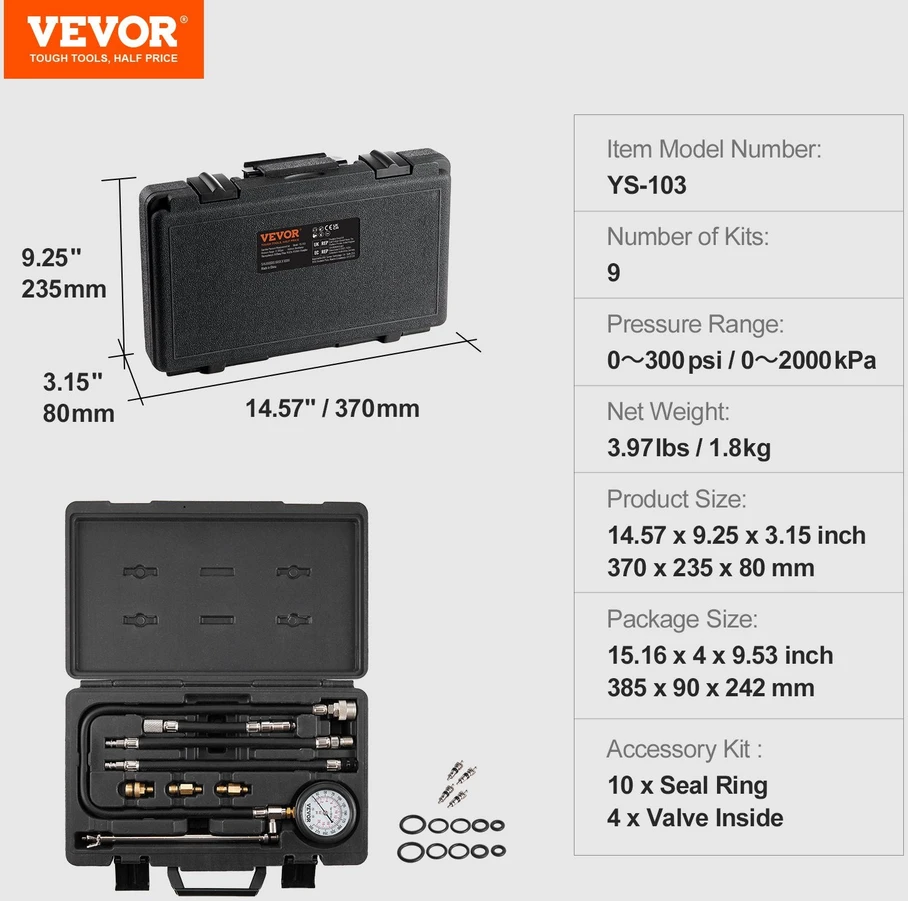 VEVOR Automobilio cilindrų kompresijos matuoklis, 9 vnt.