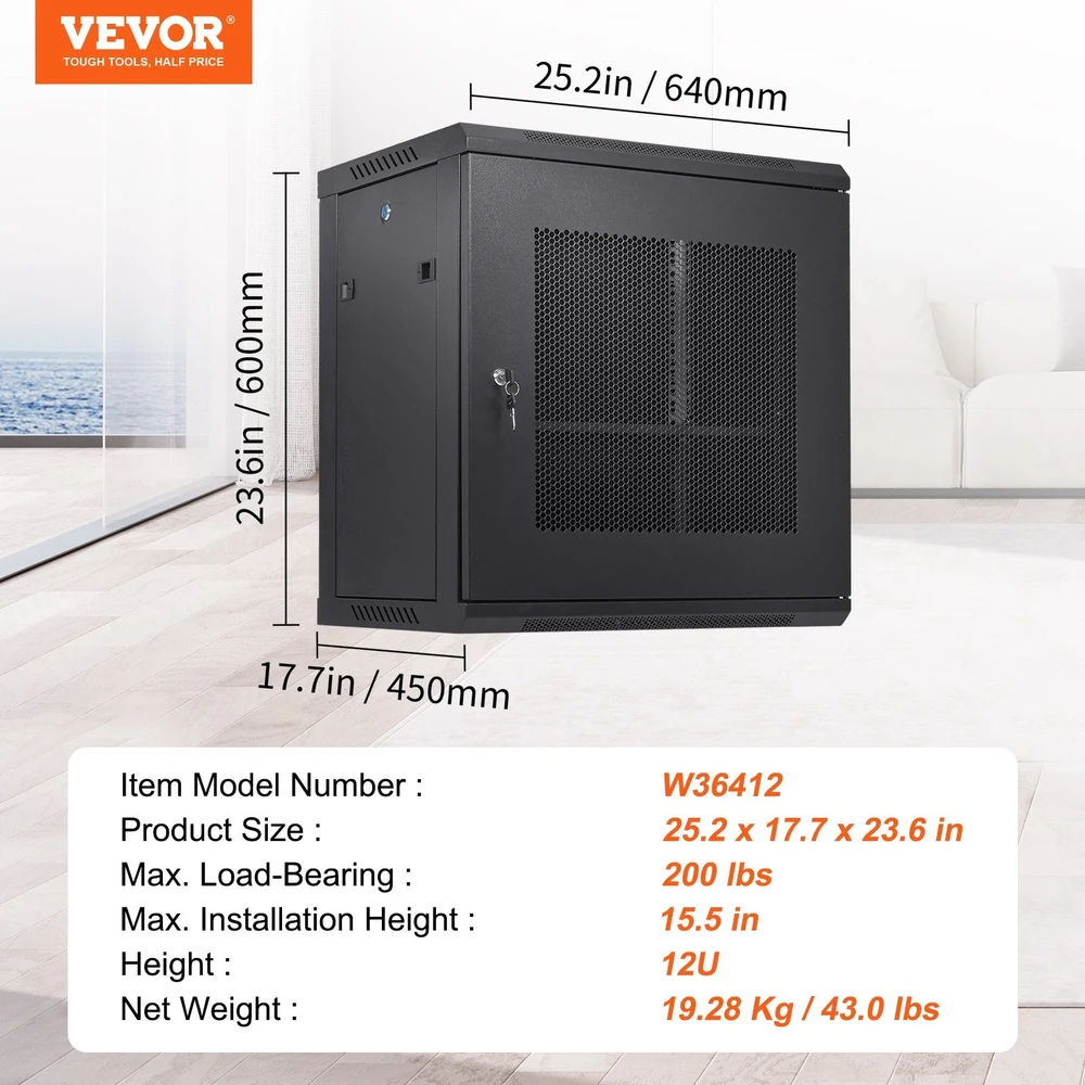 VEVOR 12U tinklo serverio spintelė, 39 cm gylio