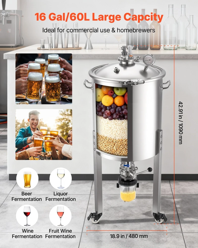 VEVOR Nerūdijančio plieno kūginis fermentatorius, 60 l