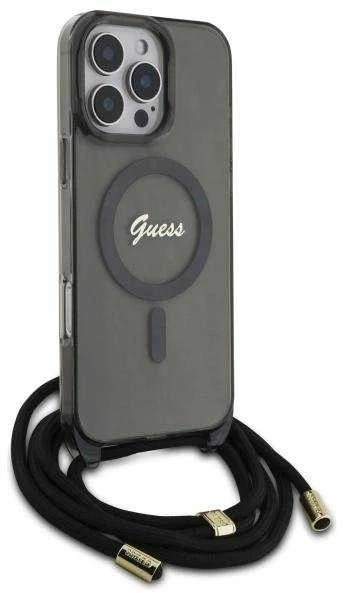 Guess GUHMP16LHCTSGNSK Apple iPhone 16 Pro 6.3″ juodos spalvos kietas dėklas Crossbody Cord Script MagSafe