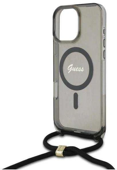 Guess GUHMP16LHCTSGNSK Apple iPhone 16 Pro 6.3″ juodos spalvos kietas dėklas Crossbody Cord Script MagSafe