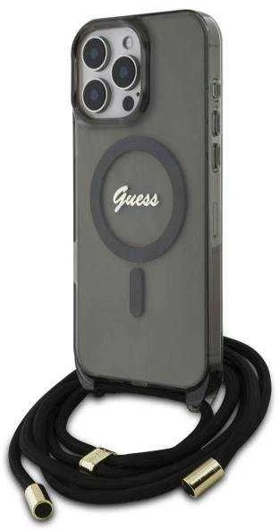 Guess GUHMP16LHCTSGNSK Apple iPhone 16 Pro 6.3″ juodos spalvos kietas dėklas Crossbody Cord Script MagSafe