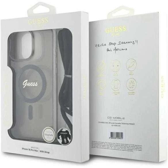 Guess GUHMP16LHCTSGNSK Apple iPhone 16 Pro 6.3″ juodos spalvos kietas dėklas Crossbody Cord Script MagSafe