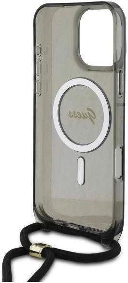 Guess GUHMP16LHCTSGNSK Apple iPhone 16 Pro 6.3″ juodos spalvos kietas dėklas Crossbody Cord Script MagSafe