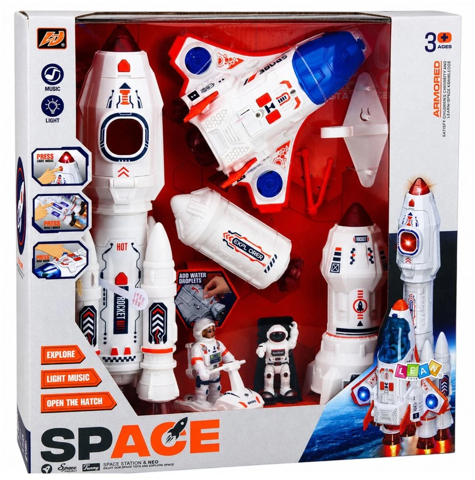 Lean Toys Kosmoso žaislų rinkinys su šviesos ir garso efektais, baltas, oranžinis ir mėlynas