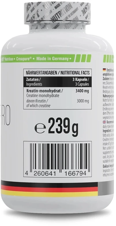 Kreatino kapsulės MST Creatine PRO Creapure, 180 kapsulių