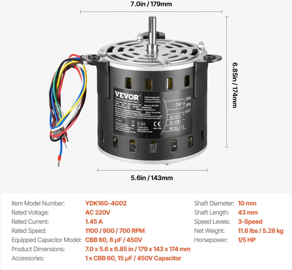 VEVOR 1/5 AG krosnies pūstuvas, 220V, 1100 aps/min