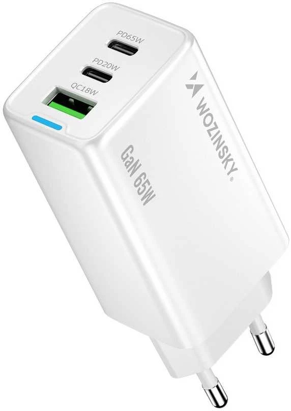 Wozinsky GaN 65W Charger su 2xUSB-C USB Ports su 65W CC kabelis – baltos spalvos