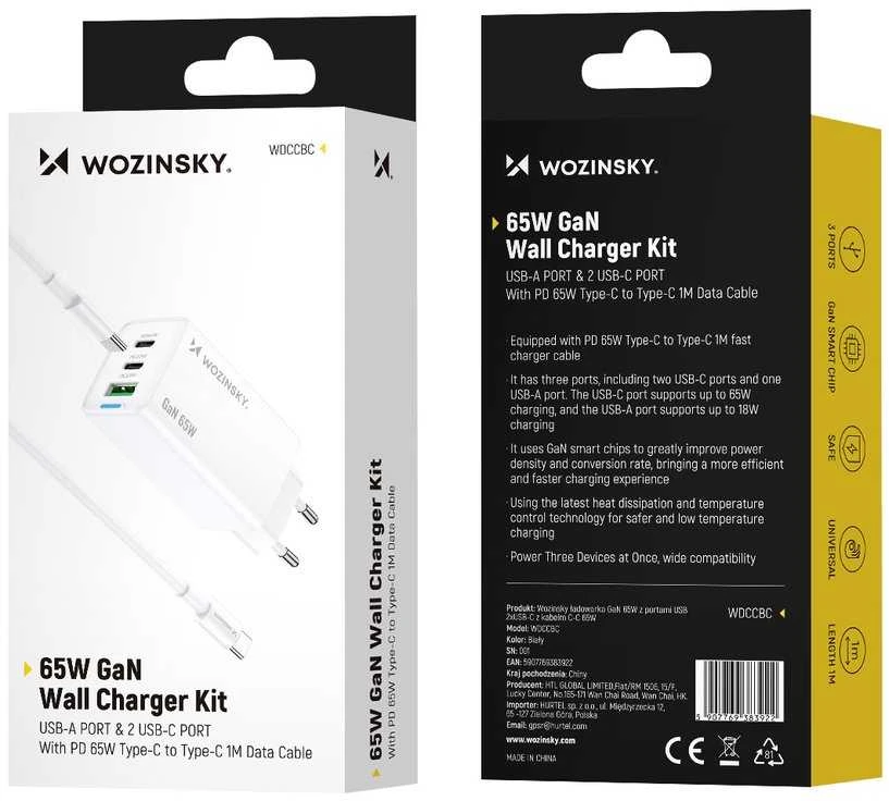 Wozinsky GaN 65W Charger su 2xUSB-C USB Ports su 65W CC kabelis – baltos spalvos