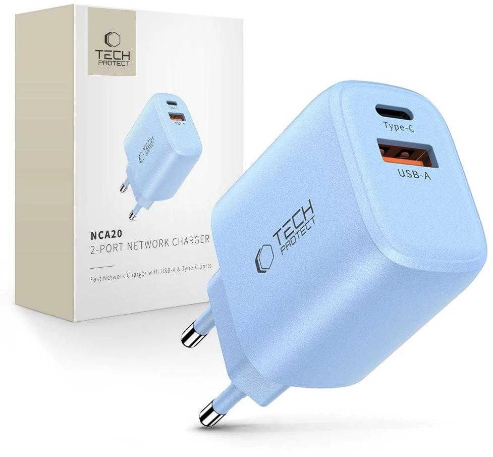 „Tech-Protect NCA20 PD 20W QC3.0 USB-A / USB-C“ sieninis įkroviklis - Mėlyna