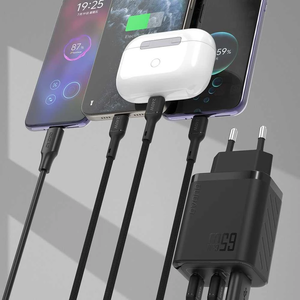 Dudao A29 65W GaN laidinis įkroviklis 2 x USB-C + 1 x USB-A – juodos spalvos