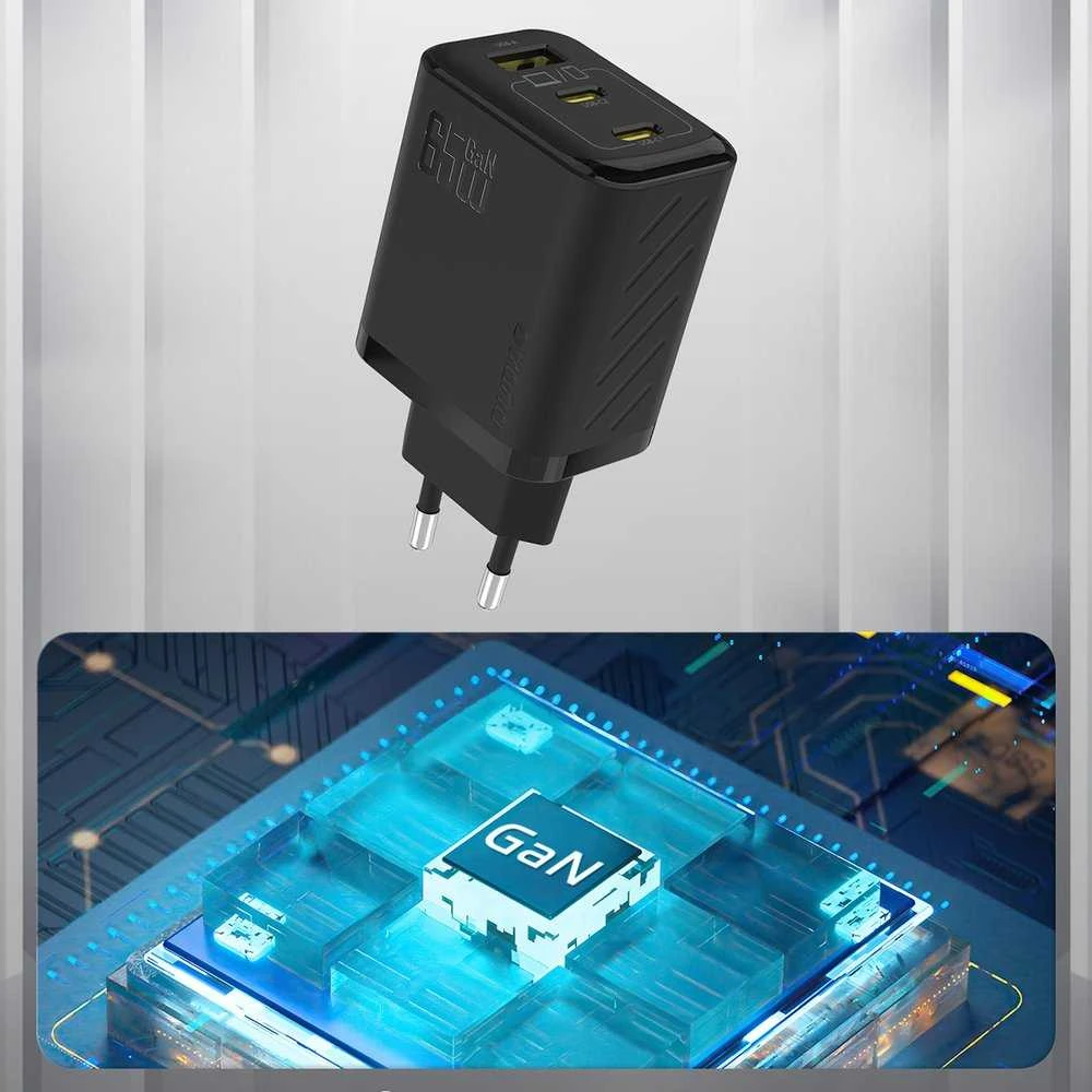 Dudao A29 65W GaN laidinis įkroviklis 2 x USB-C + 1 x USB-A – juodos spalvos