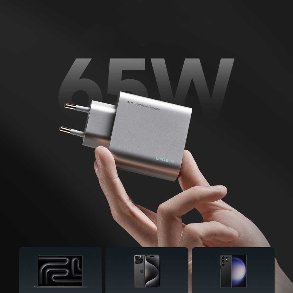 Cuktech 65 W GaN 2 x USB-C 1 x USB-A sieninis įkroviklis – pilkas