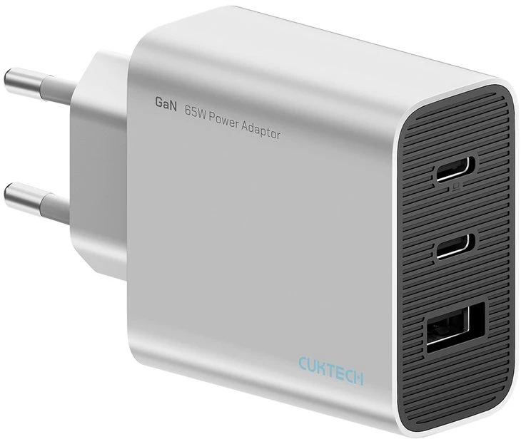 Cuktech 65 W GaN 2 x USB-C 1 x USB-A sieninis įkroviklis – pilkas