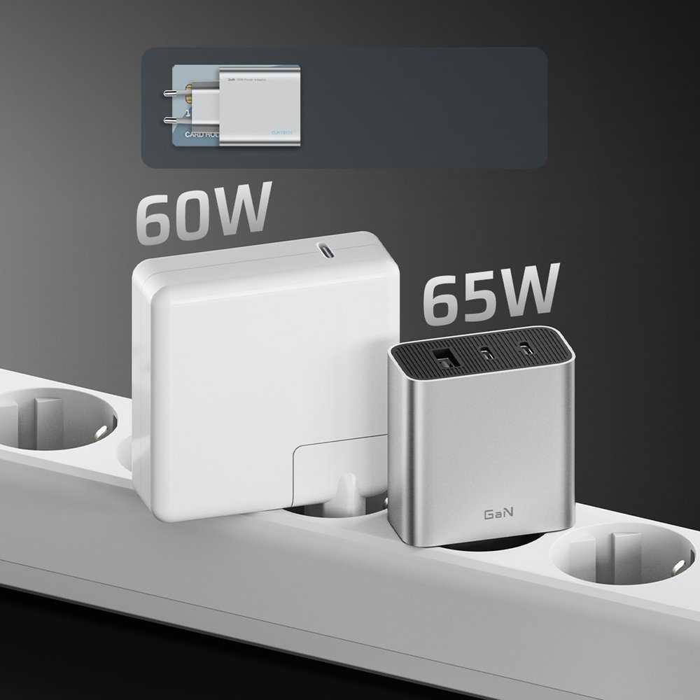 Cuktech 65 W GaN 2 x USB-C 1 x USB-A sieninis įkroviklis – pilkas