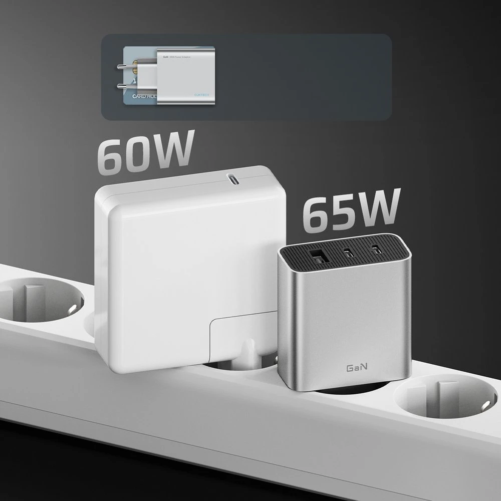 Cuktech 65 W GaN 2 x USB-C 1 x USB-A sieninis įkroviklis – pilkas