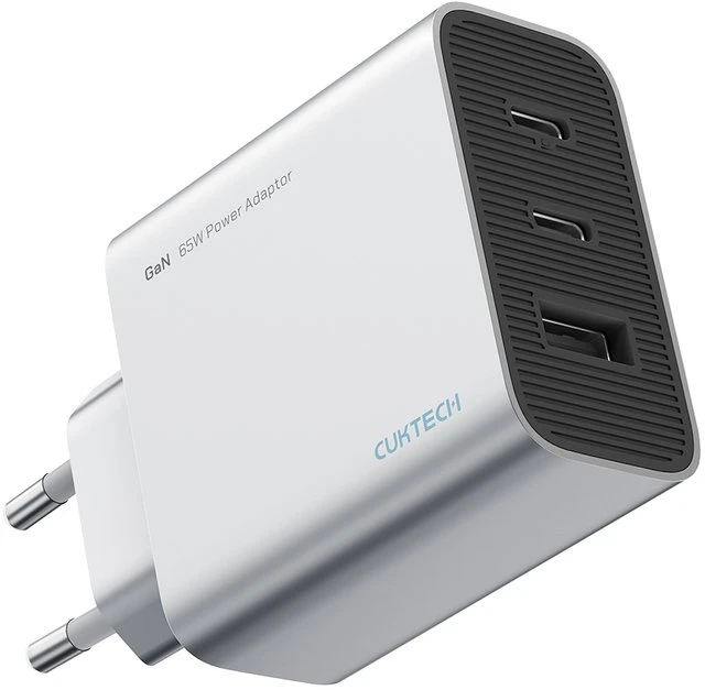 Cuktech 65 W GaN 2 x USB-C 1 x USB-A sieninis įkroviklis – pilkas