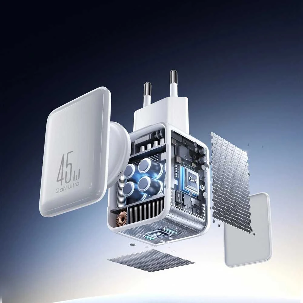Joyroom JR-TCL05 45W GaN sieninis įkroviklis su laidų tvarkytuvu – baltos spalvos