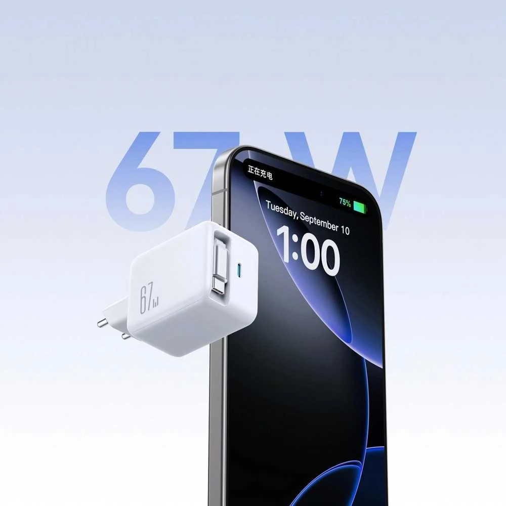 Joyroom JR-TCL06 67W GaN laidinis įkroviklis su Built-in Retractable USB-C kabeliu – baltos spalvos
