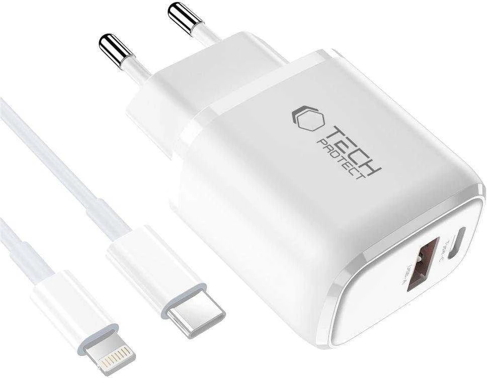 Tech-Protect NCA30 PD 30W QC3.0 USB-A / USB-C sieninis įkroviklis + USB-C / Lightning laidas 100 cm - Baltas