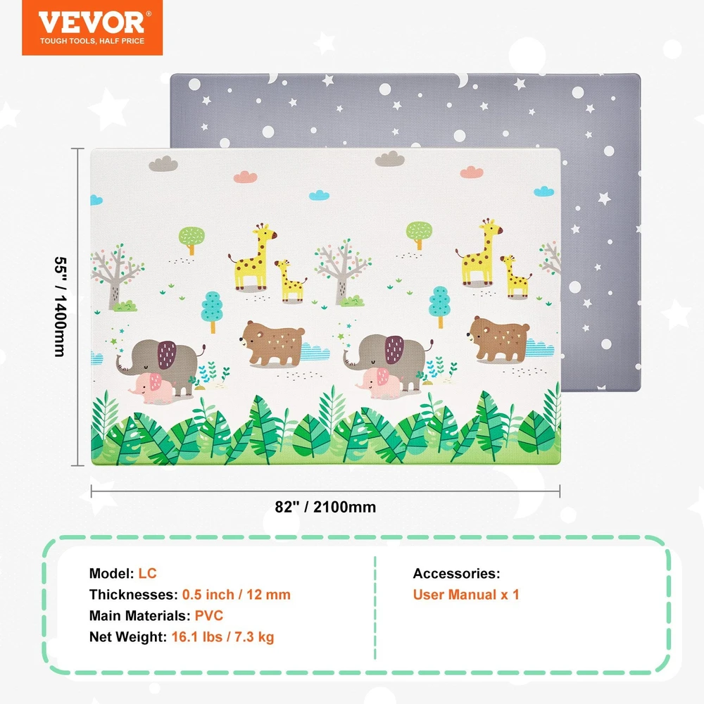 VEVOR Vaikiškas žaidimų kilimėlis 140x210 cm dvi pusės