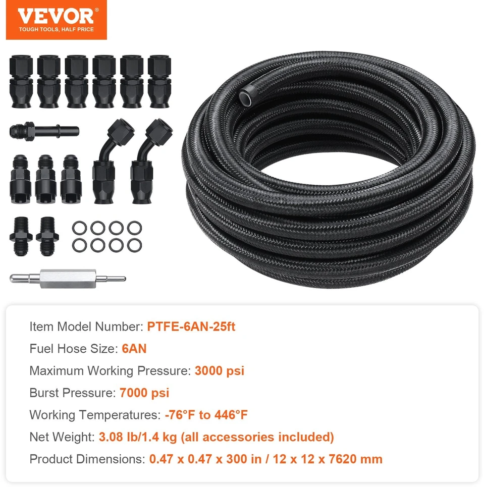 VEVOR 6AN kuro linijos rinkinys, 25 pėdų PTFE žarna