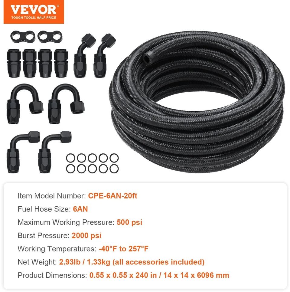 VEVOR 6AN kuro žarnos rinkinys, 6 m ilgio, juoda