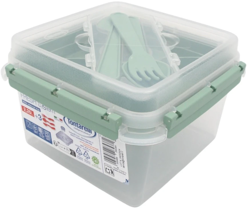 Kvadratinė maisto dėžutė su įrankiais ir vidiniu skyriumi (2,25 l)