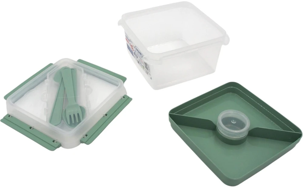 Kvadratinė maisto dėžutė su įrankiais ir vidiniu skyriumi (2,25 l)