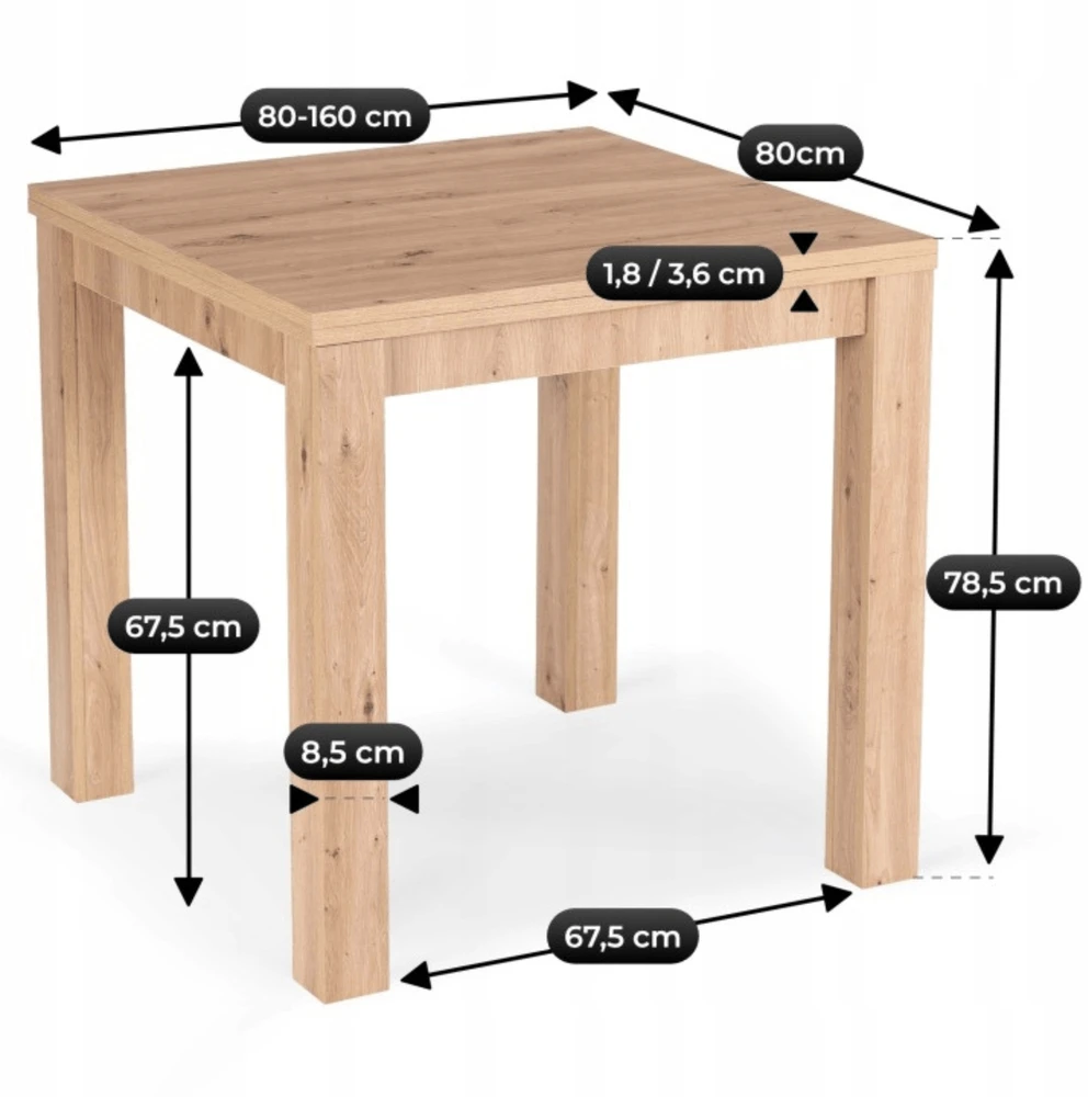 Kvadratinis išskleidžiamas stalas 80–160 cm, Artisan ąžuolo spalvos