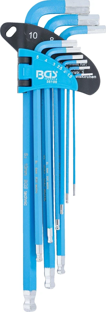 BGS L FORMOS RAKTŲ RINKINYS | YPAČ ILGI | VIDINIS ŠEŠIAKAMPIS / VIDINIS ŠEŠIAKAMPIS SU SFERINE GALVUTE, 1,5–10 MM | 9 VNT. (35100)