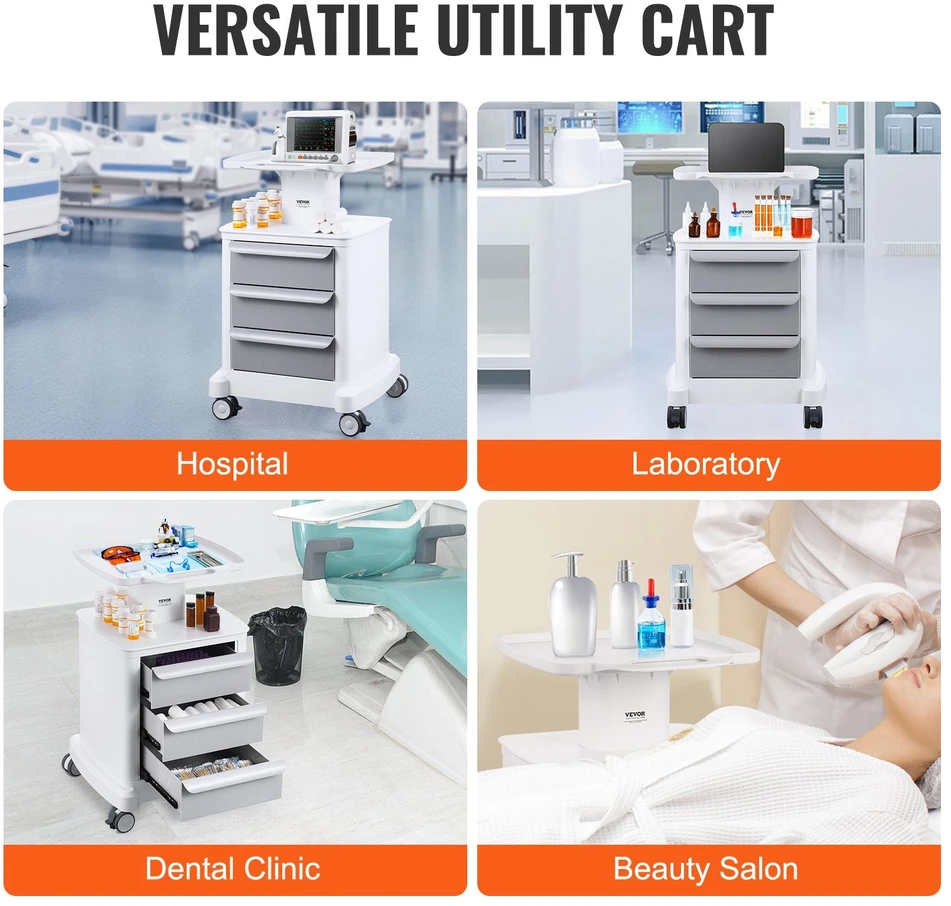VEVOR 4 lygių mobilus medicininis vežimėlis su 3 stalčiais