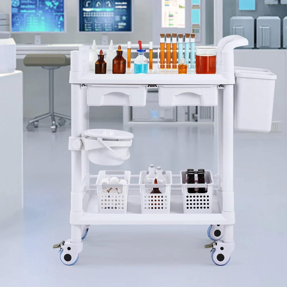 VEVOR medicininių vežimėlis su 2 stalčiais ir 3 šiukšliadėžėmis
