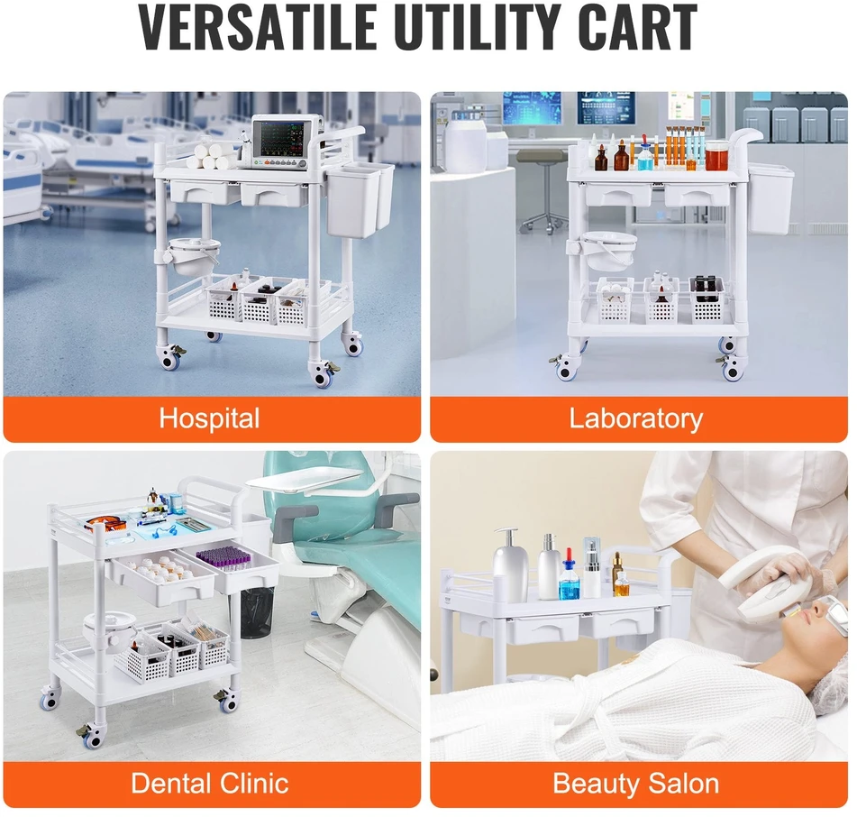 VEVOR medicininių vežimėlis su 2 stalčiais ir 3 šiukšliadėžėmis
