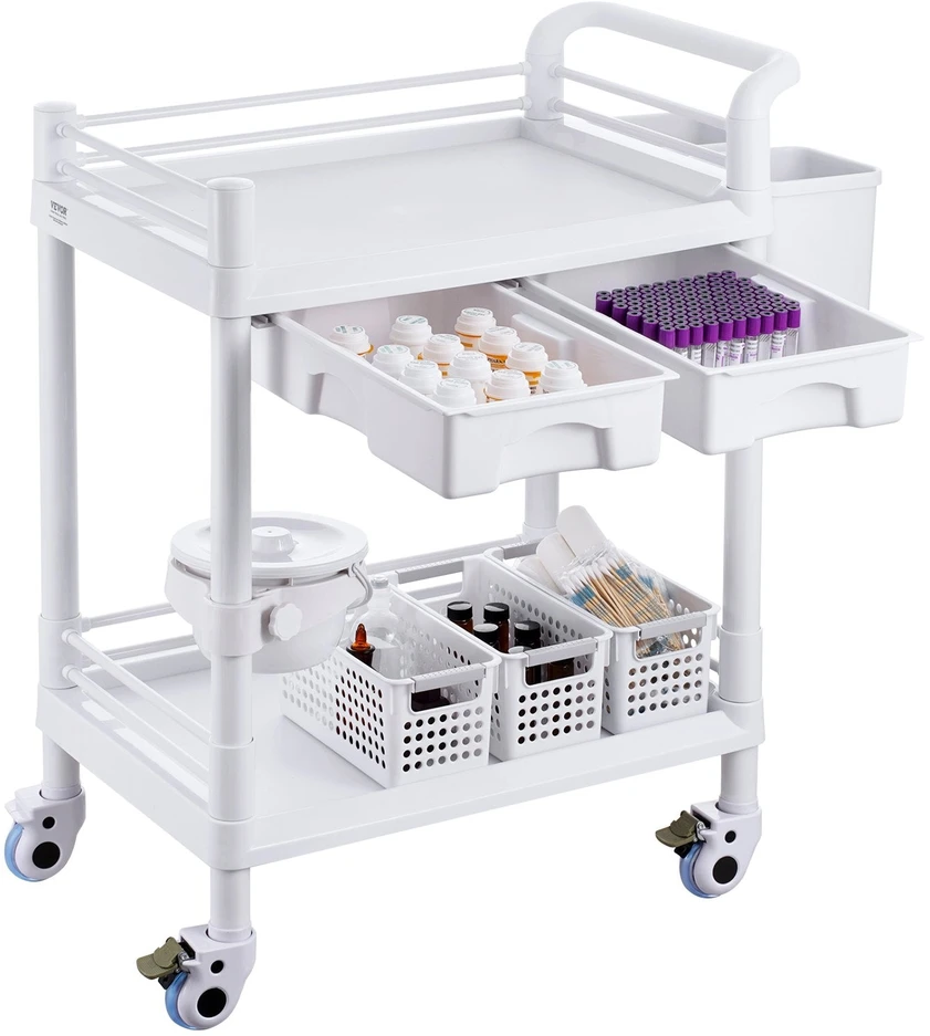 VEVOR medicininių vežimėlis su 2 stalčiais ir 3 šiukšliadėžėmis