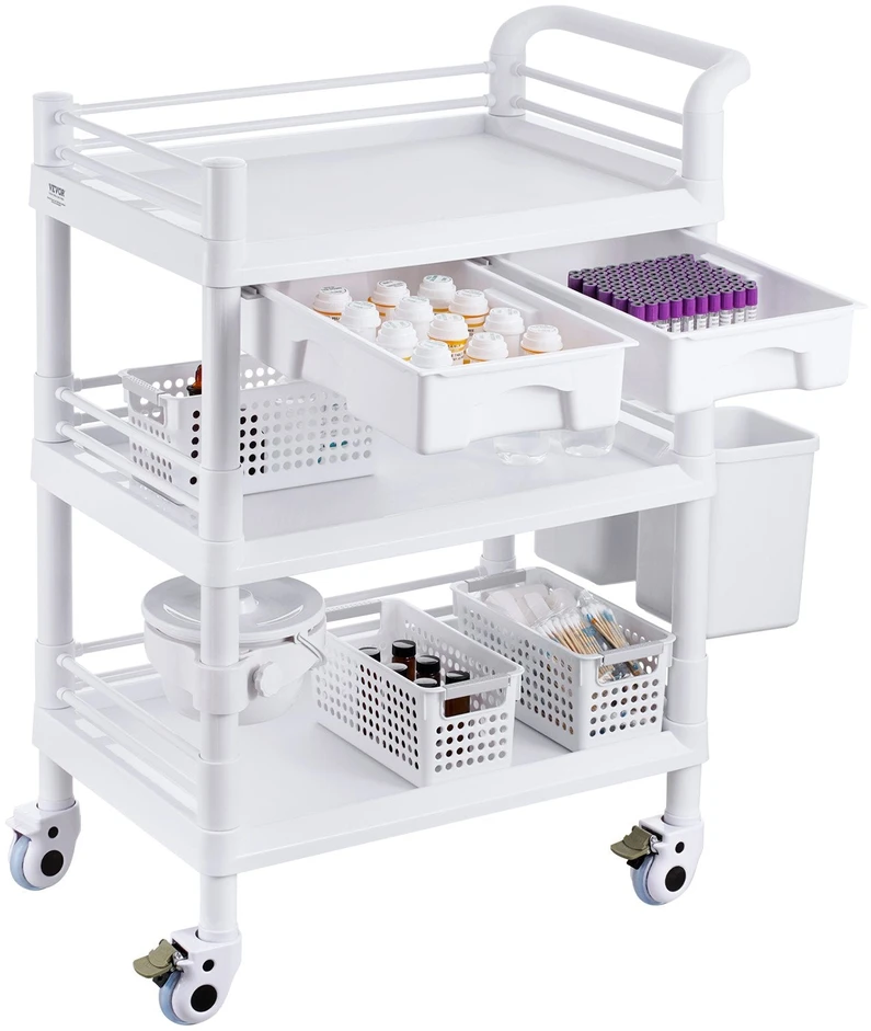 VEVOR Medicininis vežimėlis su 3 lentynomis ir šiukšliadėžėmis