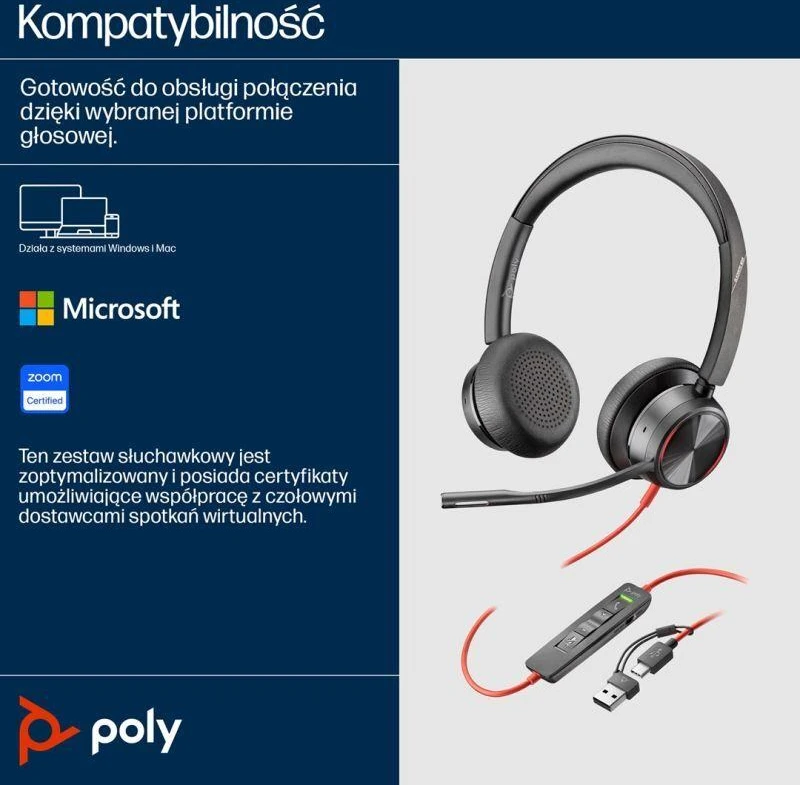 HP Poly „Poly Blackwire 8225 Stereo“ „USB-C“ ausinės + „USB-C/A“ adapteris