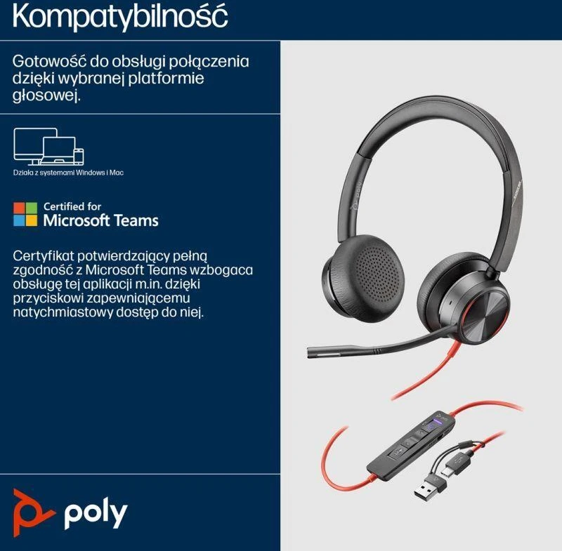 HP Poly „Poly Blackwire 8225 Stereo“ „USB-C“ ausinės + „USB-C/A“ adapteris