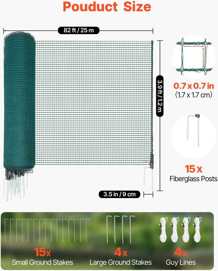 Vevor Laikina tvora su stulpais, 1.2 x 25 m plastikinis tinklas