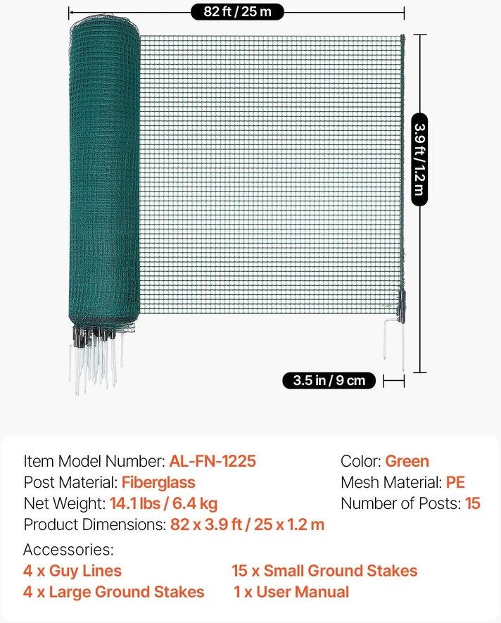 Vevor Laikina tvora su stulpais, 1.2 x 25 m plastikinis tinklas