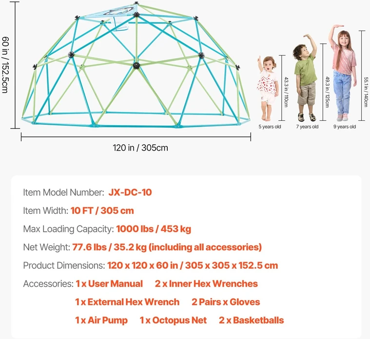 VEVOR 10 pėdų geometrinė laipiojimo kupolas
