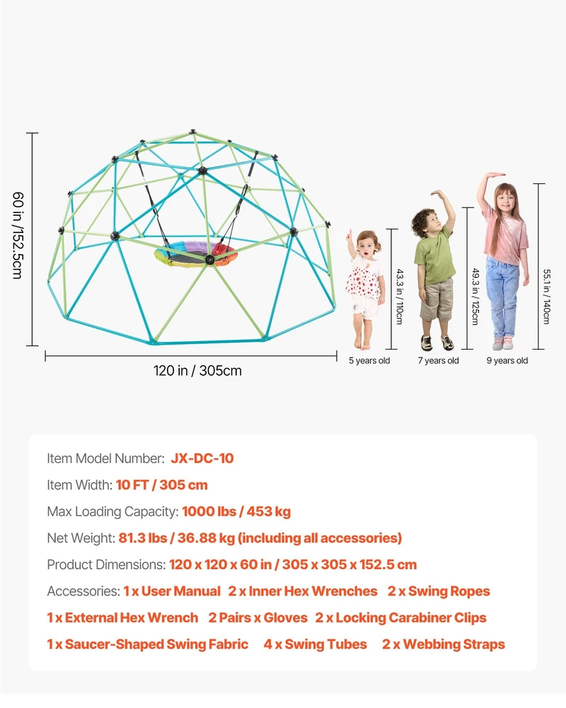 VEVOR 10 pėdų geometrinė laipiojimo kupolas su sūpynėmis
