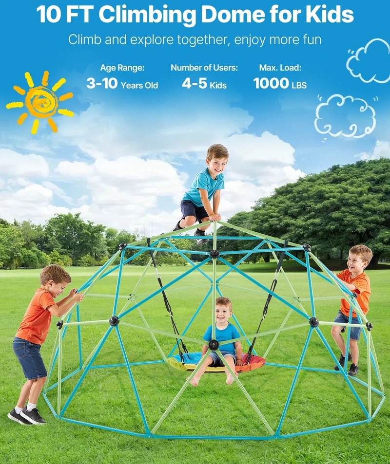 VEVOR 10 pėdų geometrinė laipiojimo kupolas su sūpynėmis