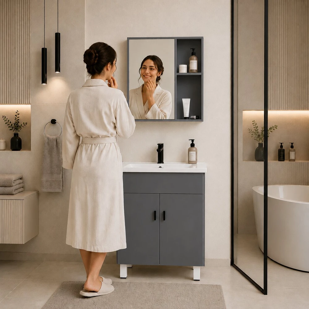 MultiGarden Laisvai pastatoma vonios spintelė su praustuvu ir veidrodžiu, „ModernHome“ baldų komplektas