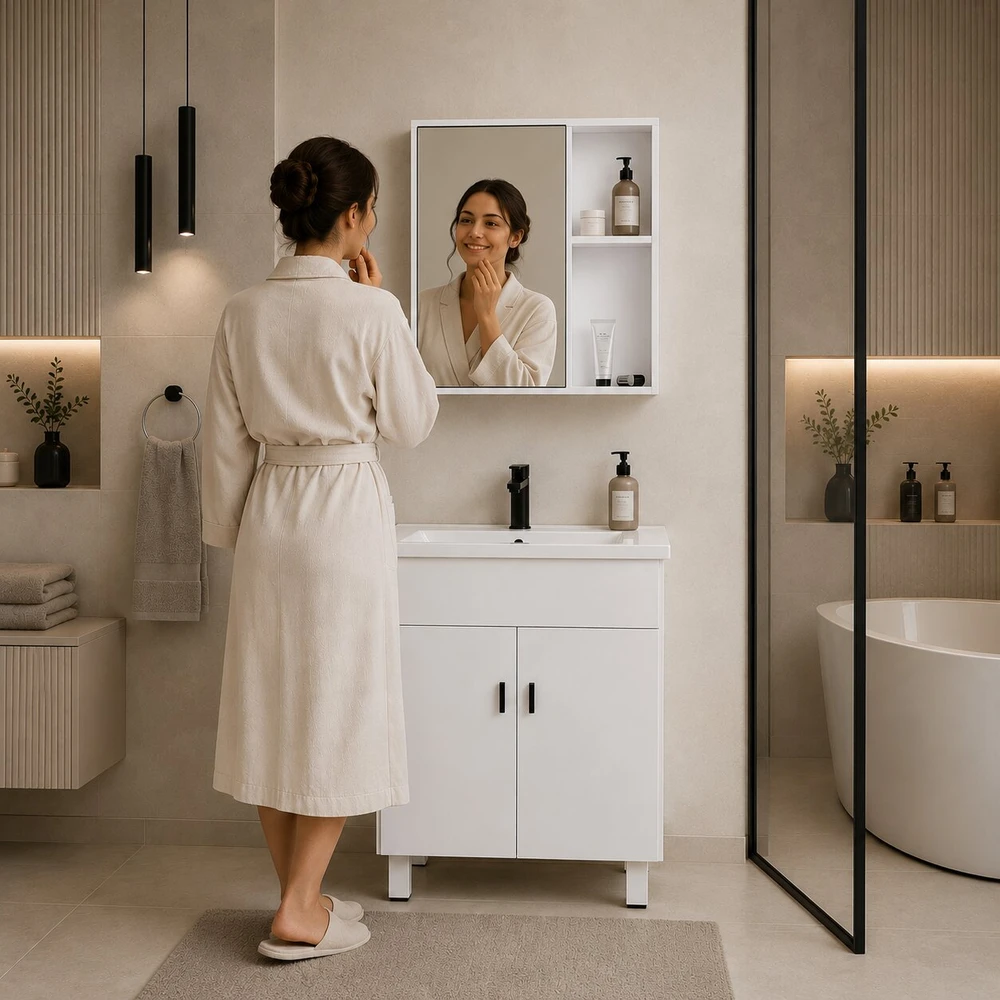 Laisvai pastatoma vonios spintelė su praustuvu ir veidrodžiu, „ModernHome“ baldų komplektas