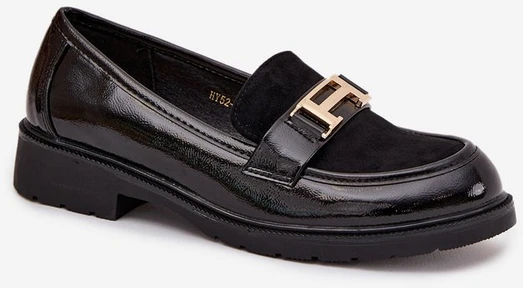 Lakuotos moteriškos juodos loafers tipo basutės su auksine detale S.Barski