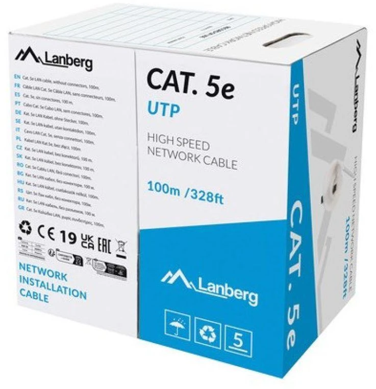 LANBERG LCU5-11CU-0100-S UTP kietas kabelis CU kat. 5e 100m pilka CPR + Fluke patvirtintas
