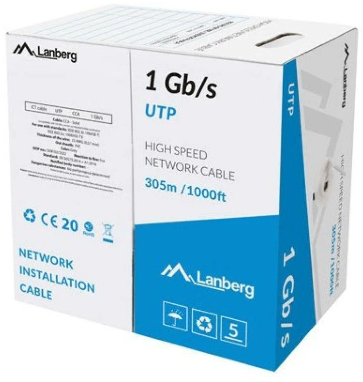 Lanberg LAN UTP kietas kabelis 1GB/S 305M CCA, Pilkas